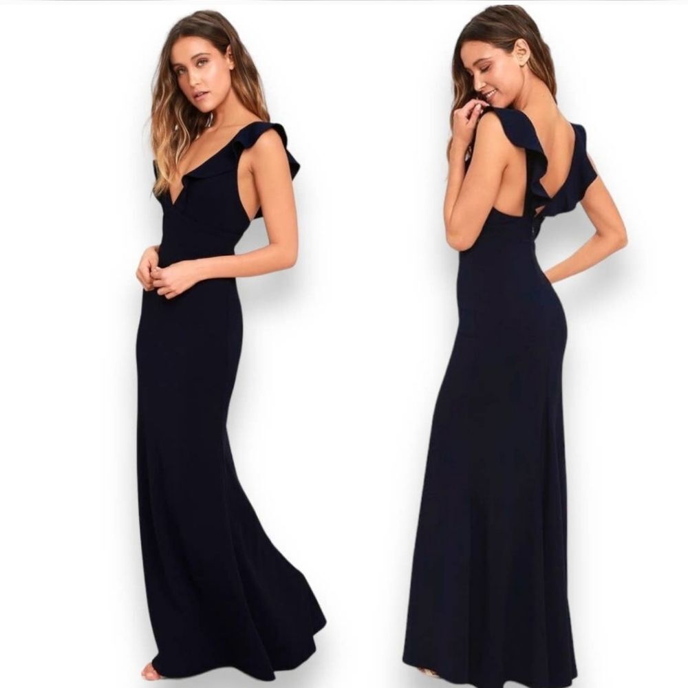 Lulu's Perfect Opportunity navy blue floor length maxi dress gown, Medium